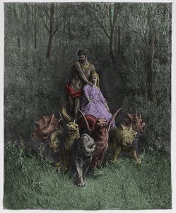 Purgatorio, Canto 32: De reus en de hoer in de wagen, illustratie uit De Goddelijke Komedie van Dante Alighieri, 1885 door Gustave after Dore